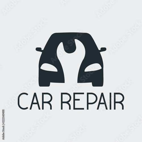 Icono plano CAR REPAIR coche con llave espacio negativo fondo gris