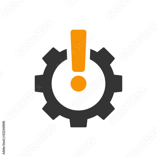 Icono plano engranaje con signo de exclamación en naranja y gris