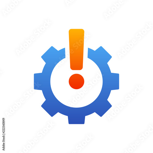 cono plano engranaje con signo de exclamación en naranja y azul