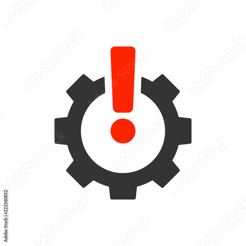 Icono plano engranaje con signo de exclamación en rojo y gris