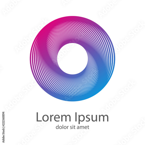 Logotipo abstracto con circulo lineal en espiral en violeta y azul