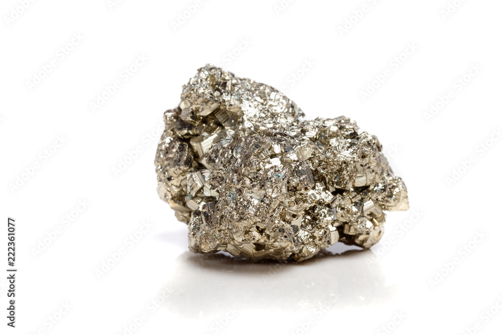 Macro mineral stone Pyrite gold on white background Macro mineral stone Pyrite gold on white background