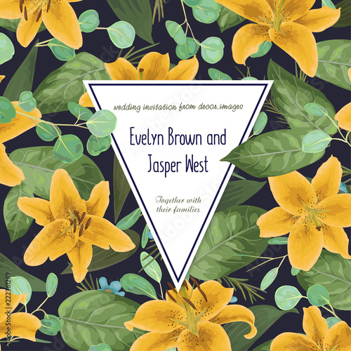 Wedding floral invitation, invite card. Vector watercolor style, forest greenery, herbs, eucalyptus, leaves lilly, botanical green, decorative triangle frame