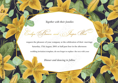 Wedding floral invitation, invite card. Vector watercolor style, forest greenery, herbs, eucalyptus, leaves yellow lilly, botanical green, horizontal geometric golden frame