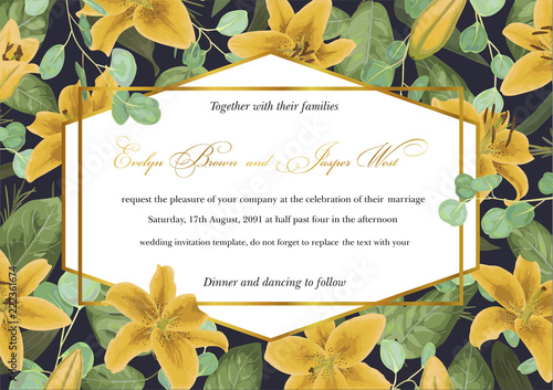 Wedding floral invitation, invite card. Vector watercolor style, forest greenery, herbs, eucalyptus, leaves lilly, botanical green, horizontal geometric golden frame