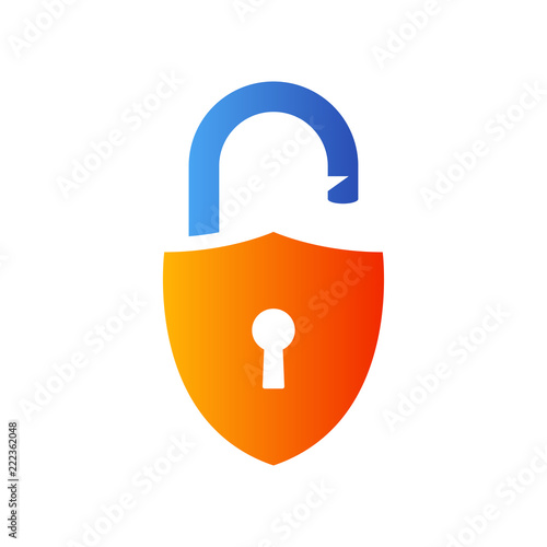 Logotipo escudo con cerradura en azul y naranja