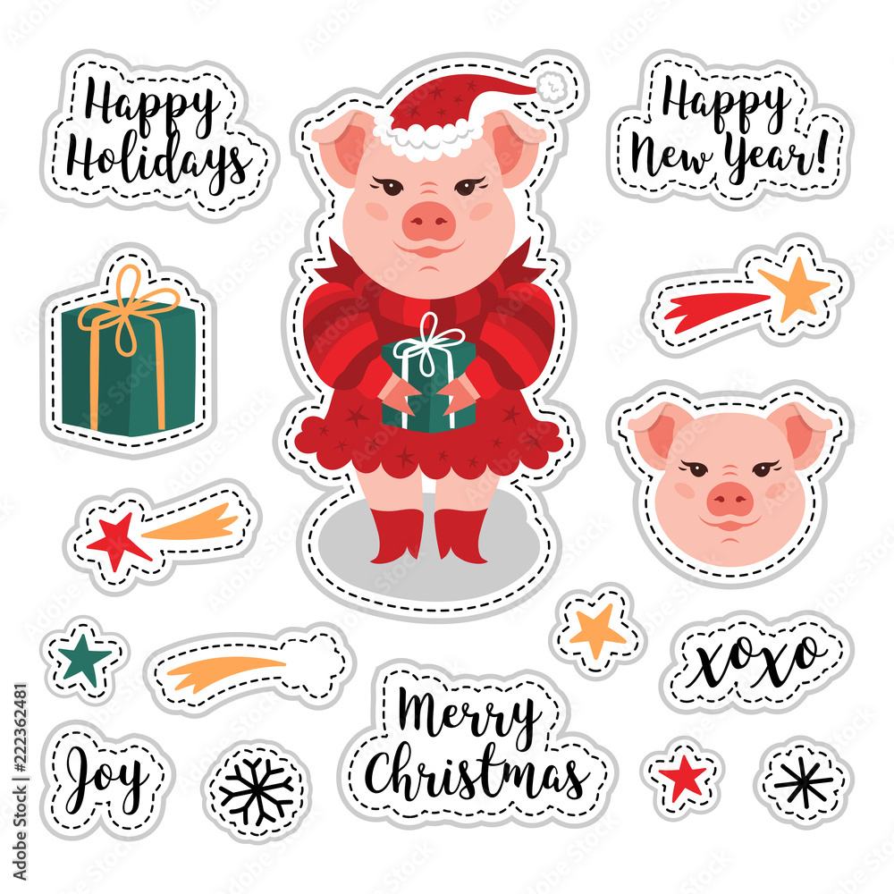 Fototapeta premium Vector patch set - Christmas and Happy New Year 2019. Cute pig, gift, snowflakes, fireworks, stars ang lettering - great for stickers, embroidery, badges, fashion, applique