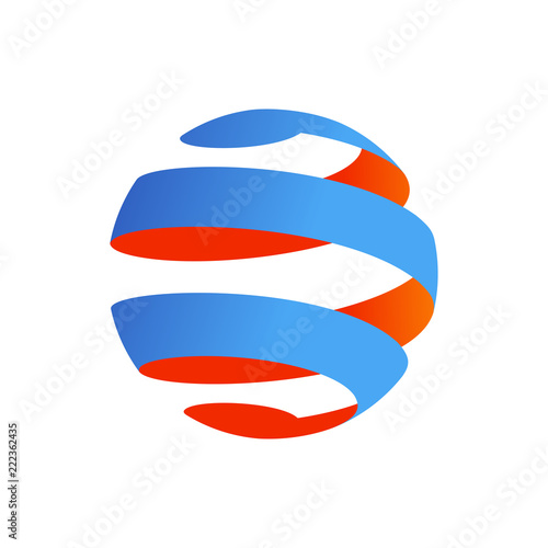 Logotipo esfera tridimensional abstracta con espiral en azul y naranja