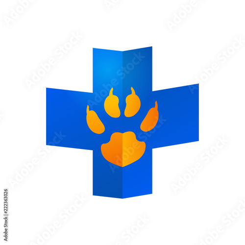 Logotipo veterinario cruz con huella perro perspectiva azul y naranja