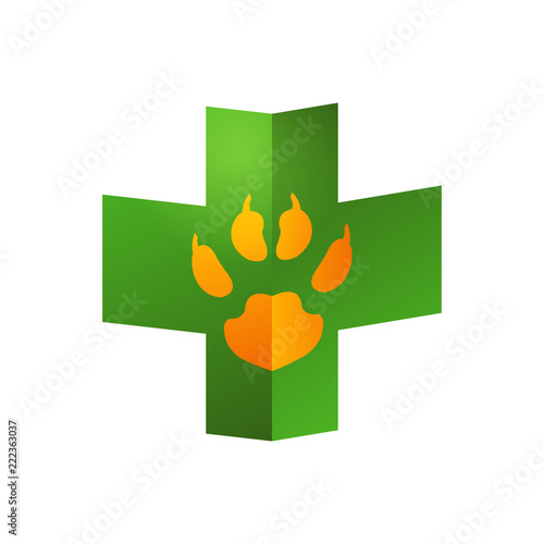 Logotipo veterinario cruz con huella perro perspectiva verde y naranja