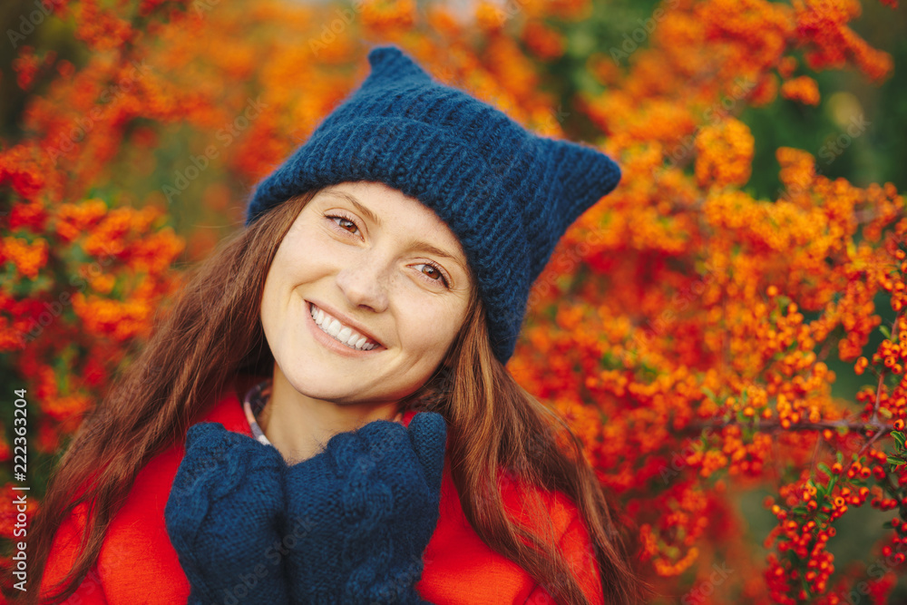 Model wearing stylish winter beanie hat and gloves Model wearing stylish winter beanie hat and gloves