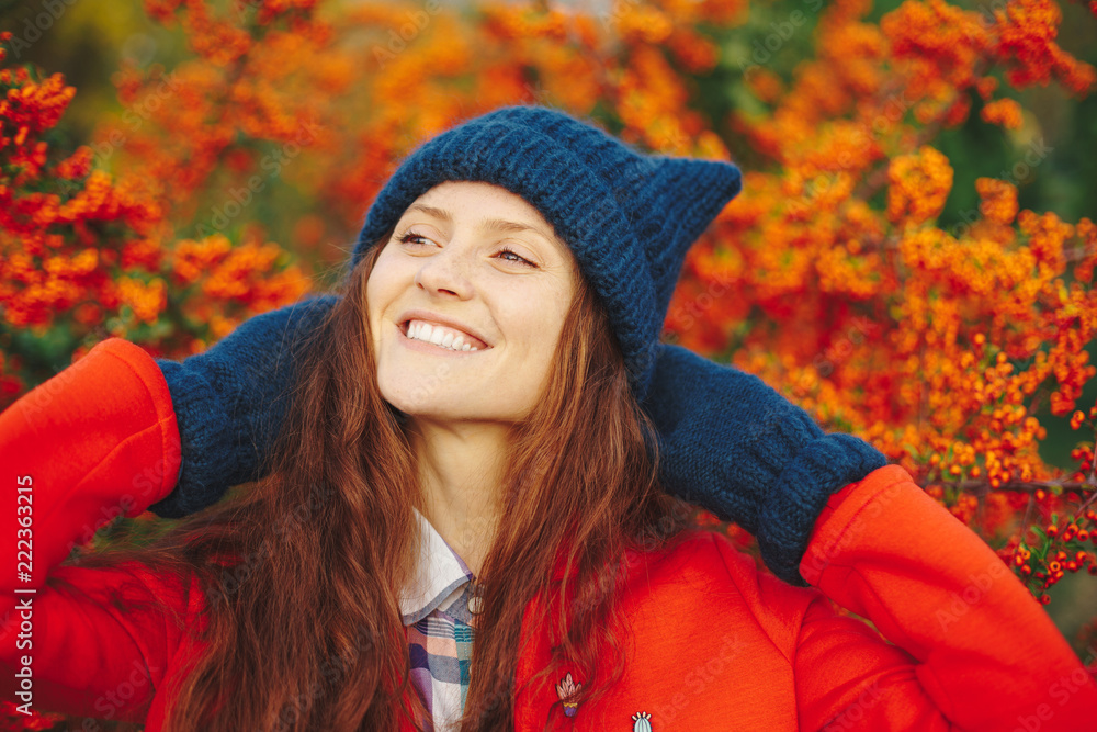 Model wearing stylish winter beanie hat and gloves Model wearing stylish winter beanie hat and gloves