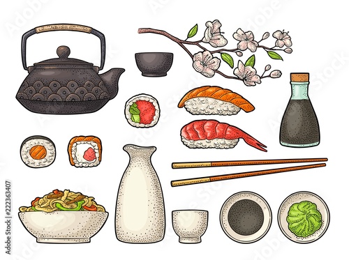 Set Sushi. Vintage black vector engraving isolated on white background.