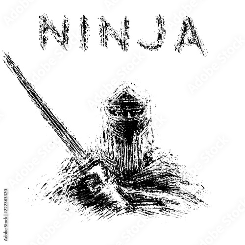 Ninja with sword preparing to attack. Vector illustration.