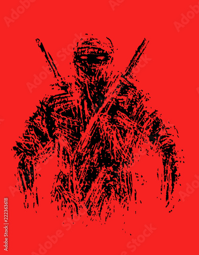 Ninja with sword preparing to attack. Vector illustration.