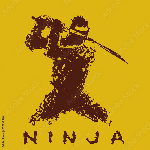Ninja with sword preparing to attack. Vector illustration.