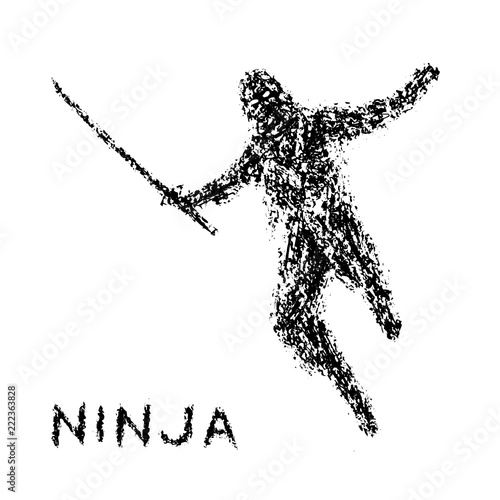 Ninja with sword attacks in a jump. Vector illustration.