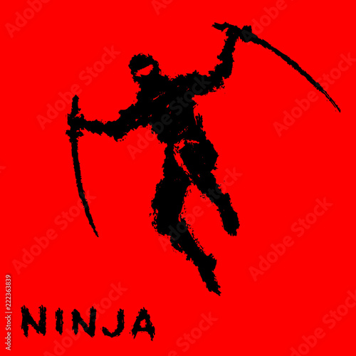 Ninja with sword attacks in a jump. Vector illustration.