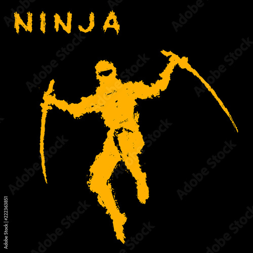 Ninja with sword attacks in a jump. Vector illustration.