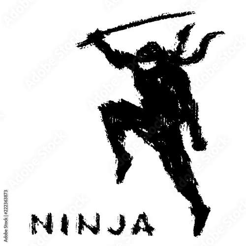 Ninja with sword preparing to attack. Vector illustration.