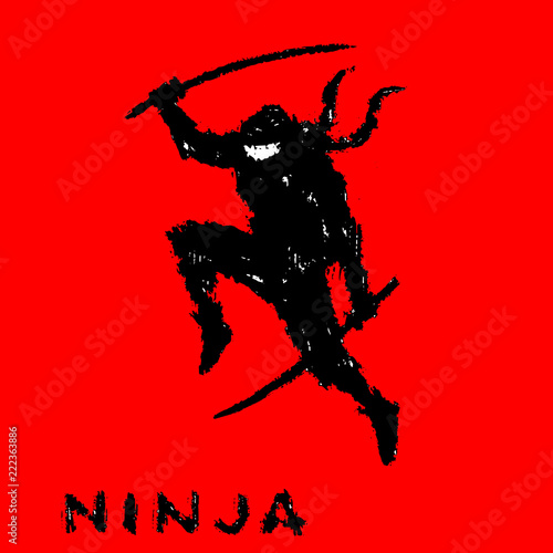 Ninja with sword preparing to attack. Vector illustration.