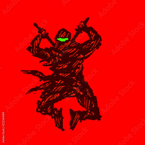 Ninja with swords attack. Vector illustration.