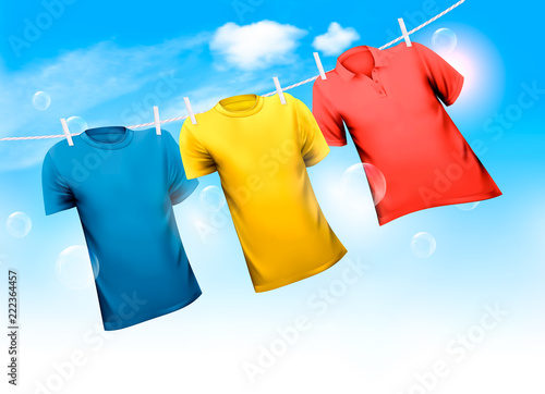Three T-shirts hanging on rope against blue sky background with clouds. Vector illustration