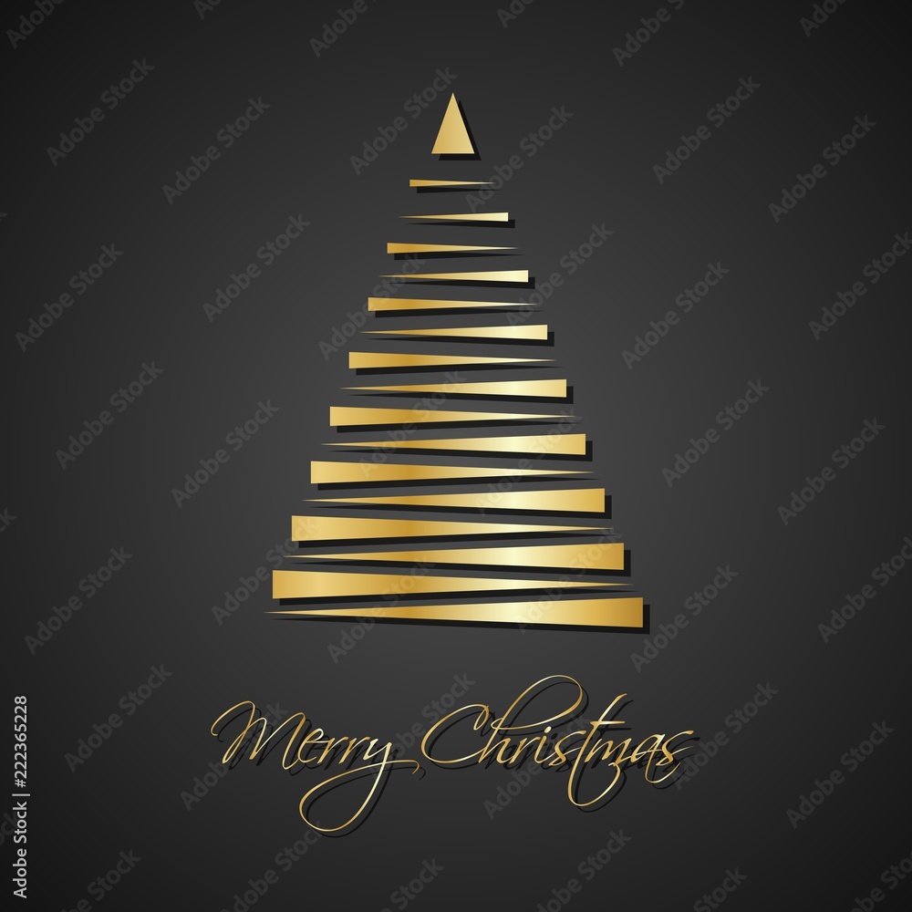 Fototapeta premium Modern golden christmas trees on black background, holiday greeting card with merry christmas sign