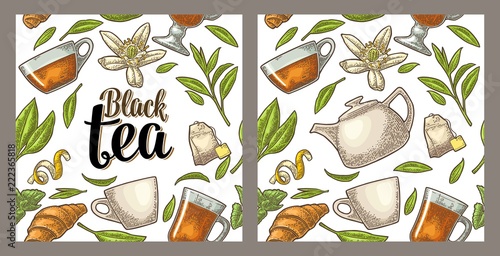 Seamless pattern tea with branch and leaf. Vector vintage engraving