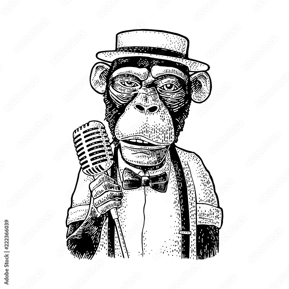 Fototapeta premium Kapelusz, koszula, muszka małpa z mikrofonem. Rytownictwo