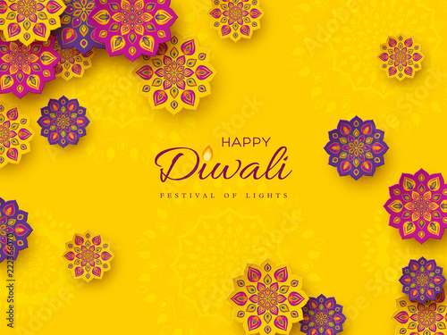 Diwali festival holiday design with paper cut style of Indian Rangoli. Purple, violet color on yellow background. Vector illustration.