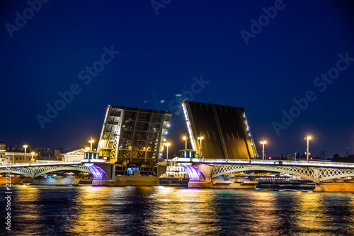 Divorce of bridges in St. Petersburg. Night city of Russia. The Neva River photo