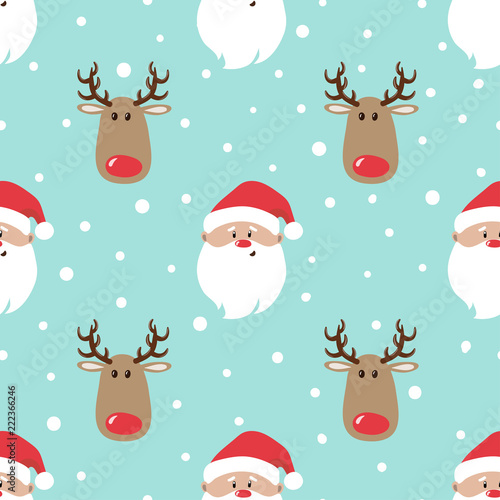 Seamless Christmas pattern with cartoon Santa and deer. Wrapping paper design.