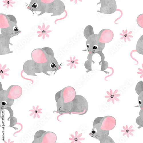 Seamless watercolor cute mice pattern. Vector mouse background for kids.