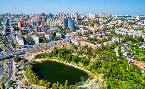 Aerial view of Kiev with residential buildings and Hlinka Lake