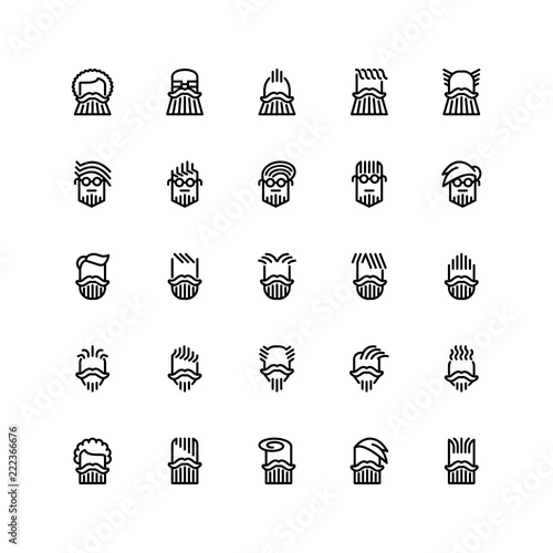 Twenty five  icons of male haircuts, beard, mustaches isolated on white background. Emoji and avatars flat style set.
