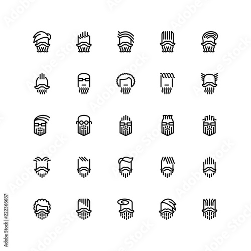 Twenty five  icons of male haircuts, beard, mustaches isolated on white background. Emoji and avatars flat style set.