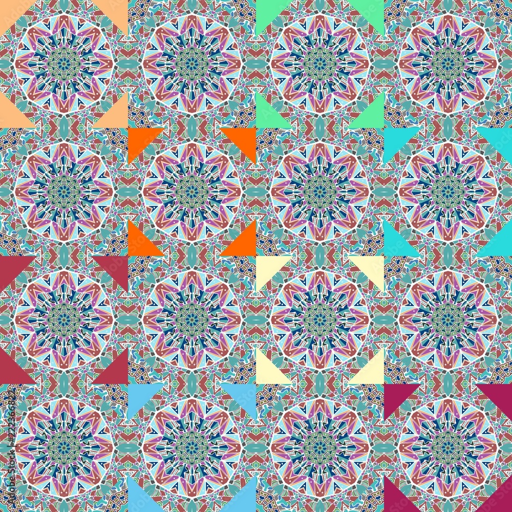 Seamless pattern with abstract flowers mandalas in patchwork style. Indian, persian, moroccan motives.