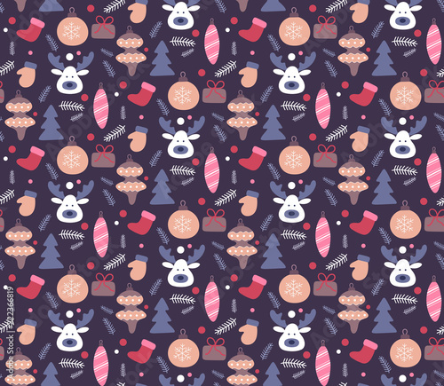 Christmas hand drawn seamless pattern. Doodles style in dark color. Winter holiday background, texture for wallpapers, fabrics, wrapping paper, vector illustration.