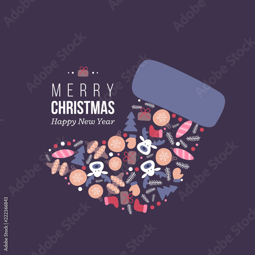Christmas holiday felt boot with doodles style hand drawn winter elements. Dark background with greeting text, vector illustration.