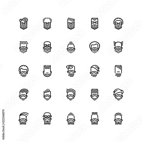 Twenty five  icons of male haircuts, beard, mustaches isolated on white background. Emoji and avatars flat style set.