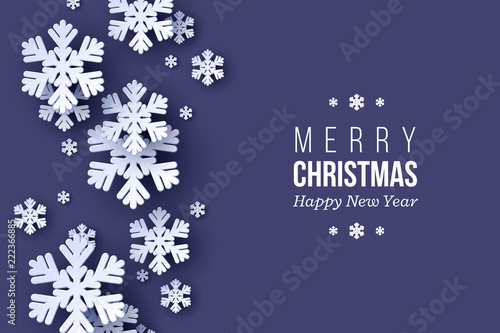 Christmas holiday design with paper cut style snowflakes. Dark blue background with greeting text, vector illustration.