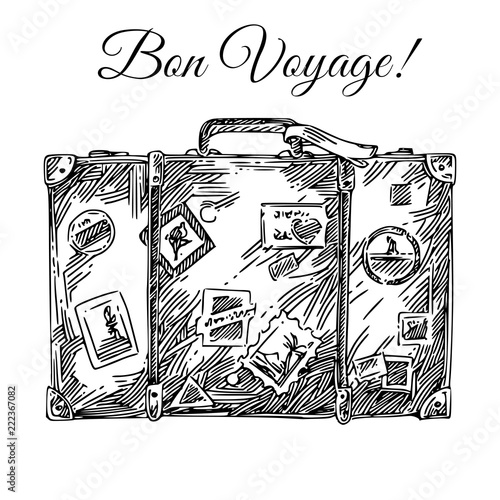 Vintage suitcase with stickers. Engraving style. Vector illustration.