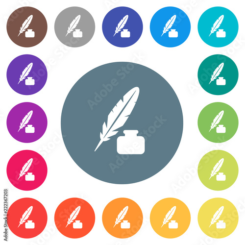Feather and ink bottle flat white icons on round color backgrounds photo
