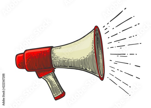 Male hand holding loudspeaker.