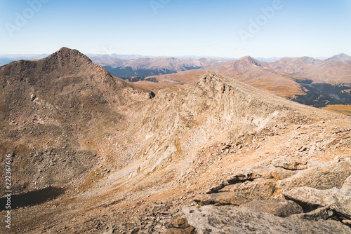 Landscape view of the Rocky Mountains from the top of Mount Evans in Colorado. 