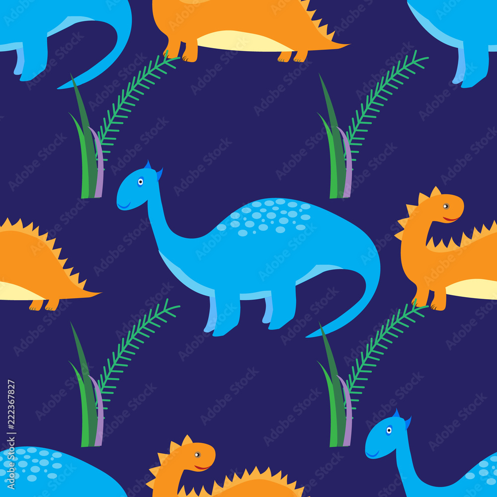 Obraz premium Cute dinosaurs seamless pattern. Vector background with cartoon dinosaurs.