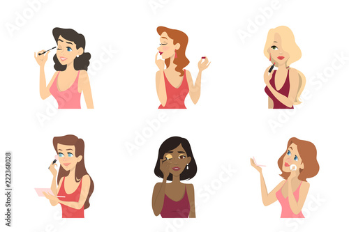 Pretty women doing make up set illustration