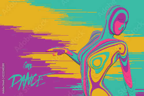 Vector colorful paper cut dancing girl figure. Elegant slow dancing pose. Concept of woman beauty in petite dance motion on glitch background. Intricated femine silhouette in a club.