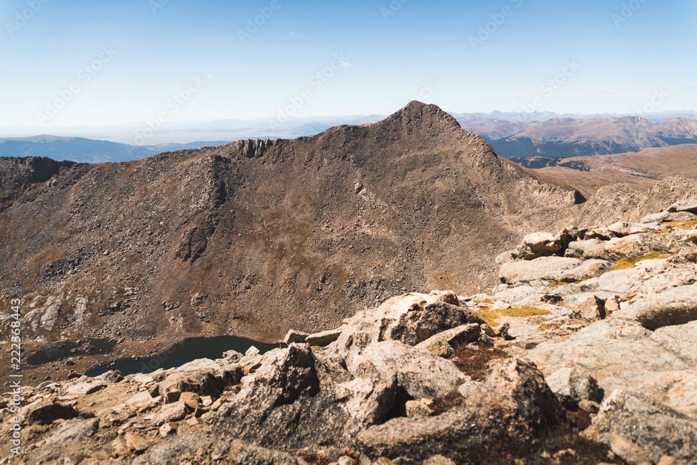 Landscape view of the Rocky Mountains from the top of Mount Evans in Colorado. 